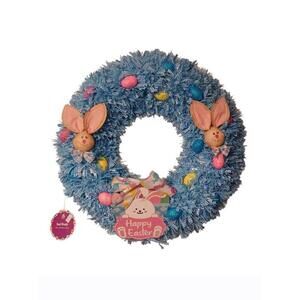 Blue Easter Wreath with Bunny Decorations and Colorful Eggs